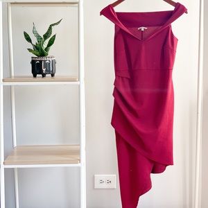 Deep red asymmetrical off the shoulder dress